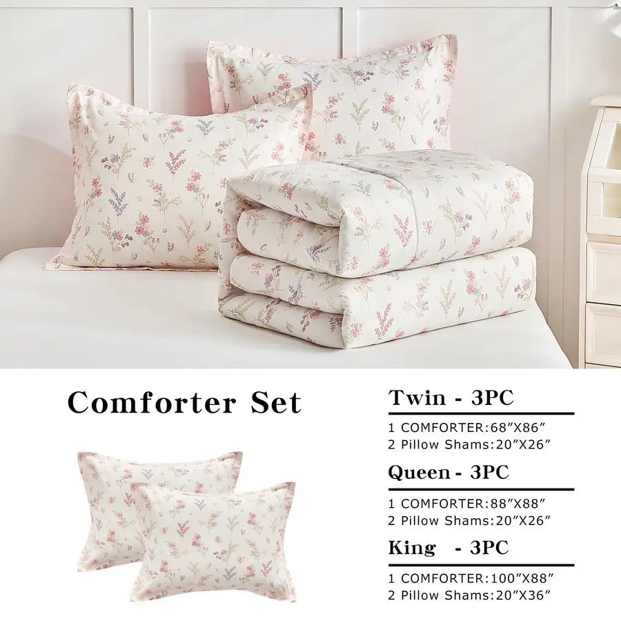 3pcs Cotton Comforter Set for Girls, Pink Floral Design, Twin Size Soft n Cozy Bedding Comforter Set for All Season 68x88 inches