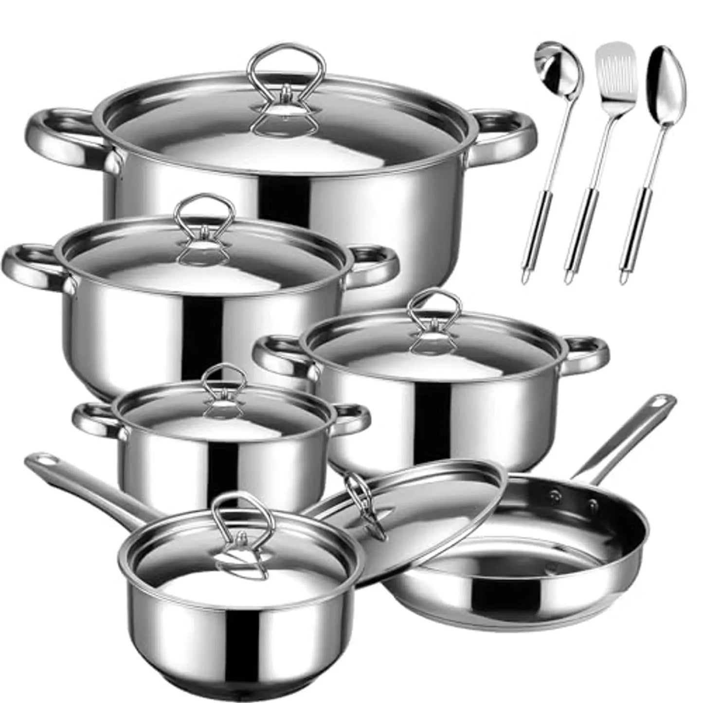 Stainless Steel Pots and Pans Set – 15 Pieces Cookware with 6 Pots/Pans, 6 Lids & 3 Utensils, Fixed Handles, Induction/Dishwashe