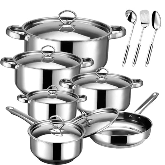 Stainless Steel Pots and Pans Set – 15 Pieces Cookware with 6 Pots/Pans, 6 Lids & 3 Utensils, Fixed Handles, Induction/Dishwashe