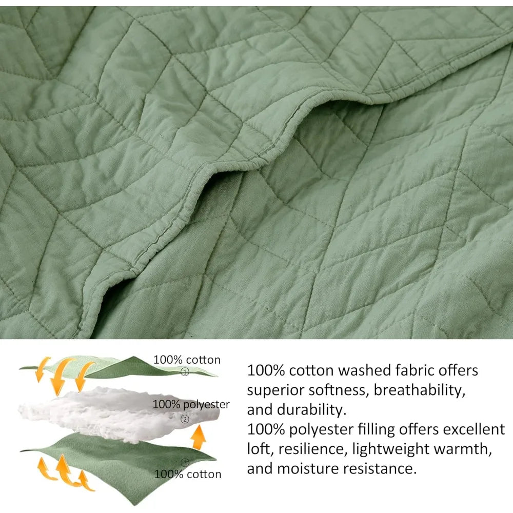 Cotton Quilt Set in Sage Green for California King Bed with Oversized Soft Bedspread and Pillow Shams
