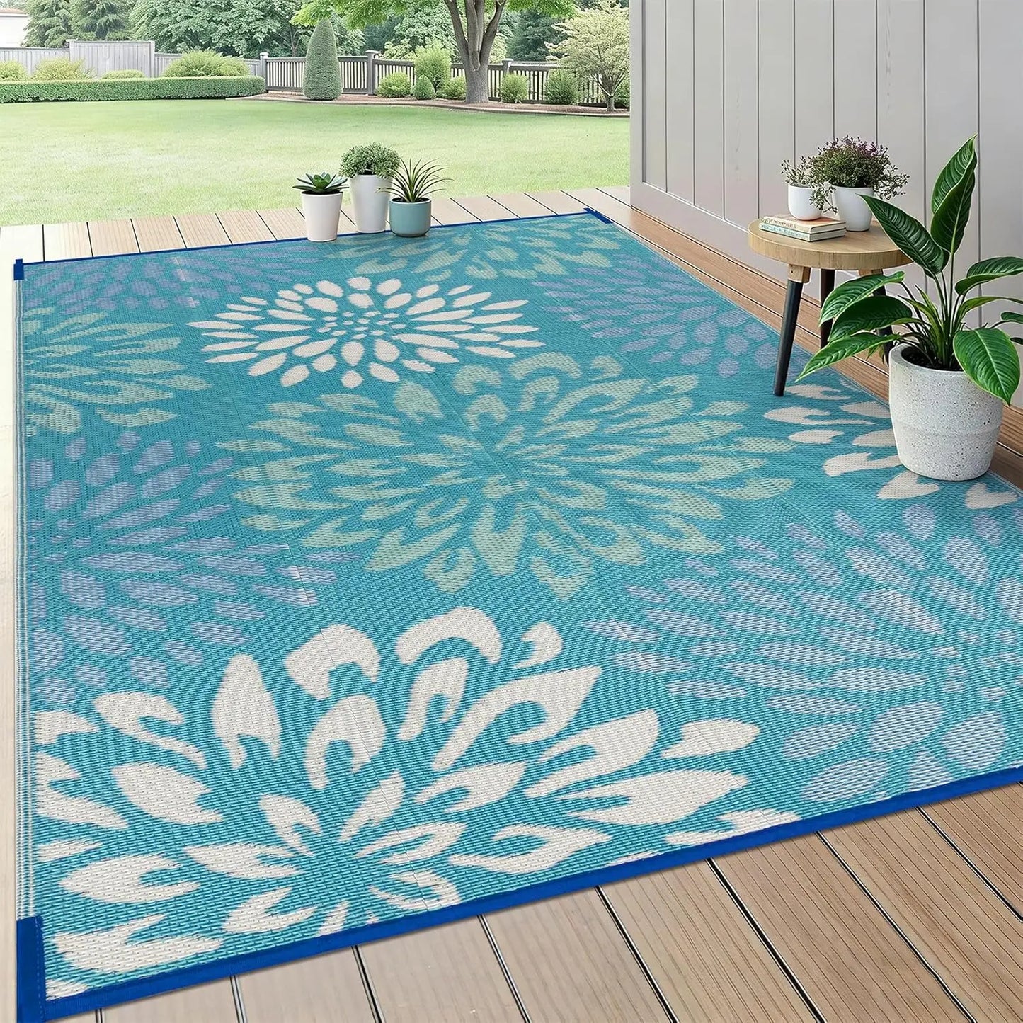 Waterproof Outdoor Rug 6x9 for Patios, Floral Reversible Plastic Straw Rug Patio Mat, Indoor Outdoor Carpet RV Mat Camping Ru