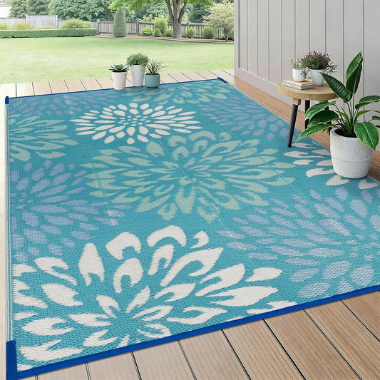 Waterproof Outdoor Rug 6x9 for Patios, Floral Reversible Plastic Straw Rug Patio Mat, Indoor Outdoor Carpet RV Mat Camping Ru
