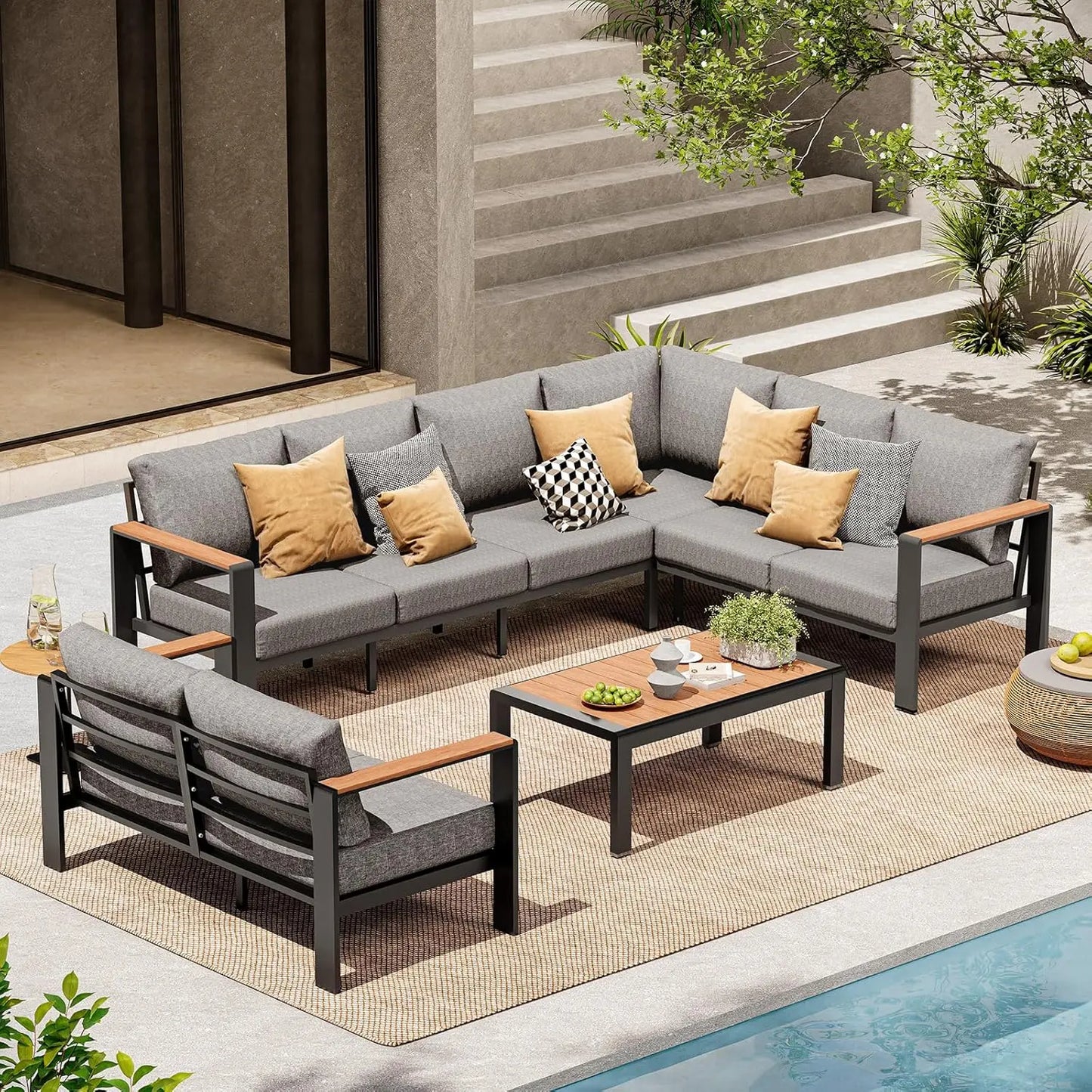 Aluminum Outdoor Patio Furniture Set 8 Seats, Outdoor Sectional Corner Sofa, Patio Conversation Set with Coffee, Customized