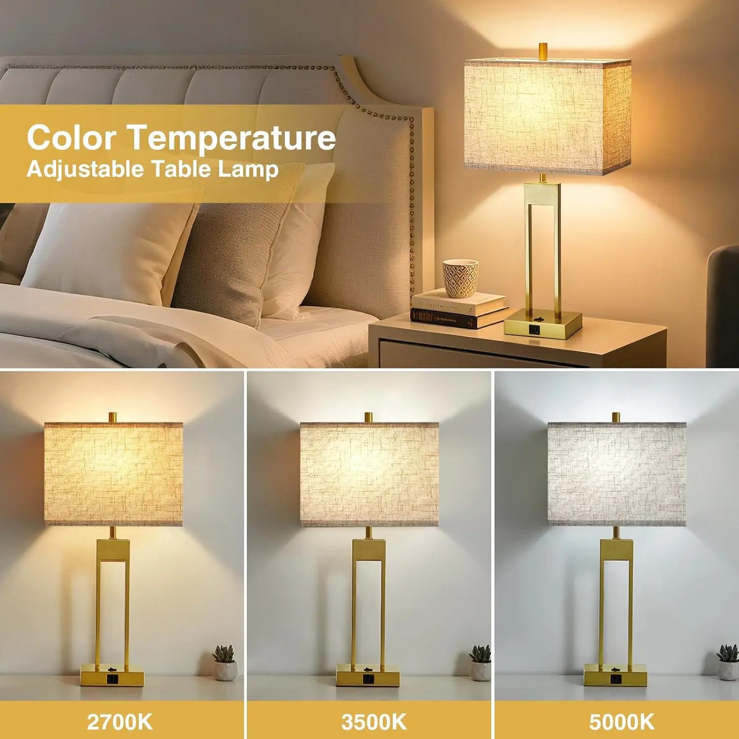 Extra Large 25.5" Nightstand Lamps Set of 2, USB C+A Charging, Color Changeable Modern Bedside Lamp for Bedroom Living Room