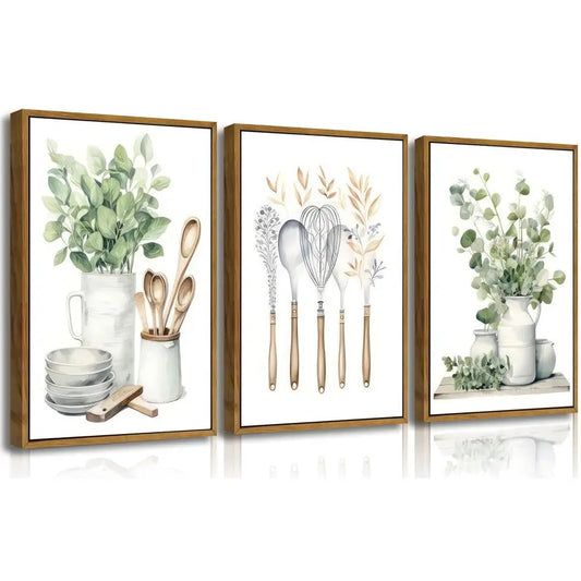 Farmhouse Kitchen Canvas Wall Art Sage Green Plants Painting Pictures Dining Room Wall Decor Eucalyptus Leaves Green Botanical P