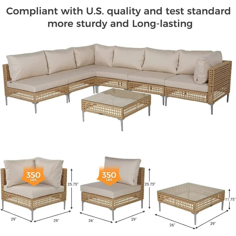 Patio Furniture Set, Boho Outdoor Conversation Set Sectional Sofa with Water Resistant Thick Cushions and Coffee Table