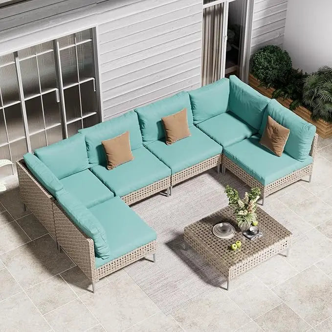 Patio Furniture Set, Boho Outdoor Conversation Set Sectional Sofa with Water Resistant Thick Cushions and Coffee Table