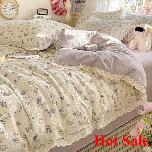 2025 new small fresh printing French lace lace double four-piece set bedding wrinkled yarn student 3-piece set
