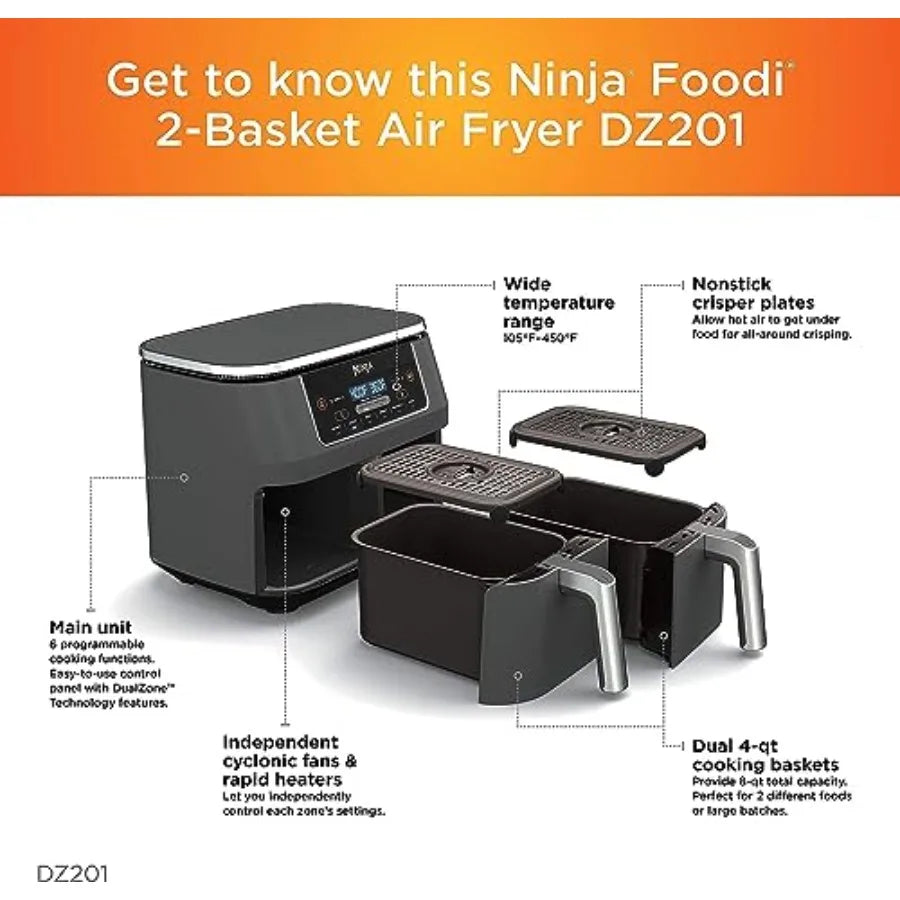 6-in-1 DualZone Air Fryer with 8-Quart Capacity and Two Separate Baskets for Simultaneous Cooking of Multiple Dishes at Differe