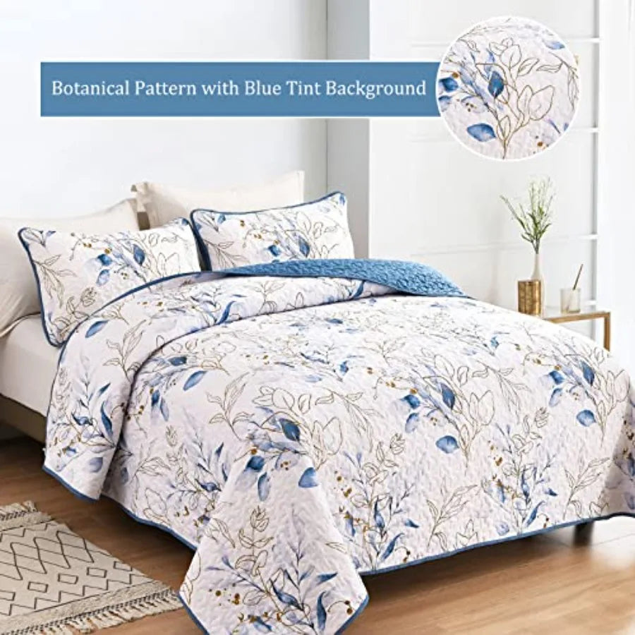 Blue Quilt Set Queen3 Pieces Reversible Elegant Blue Botanical Leaves Pattern Bedspread Coverlet Soft Microfiber Bed Cover for