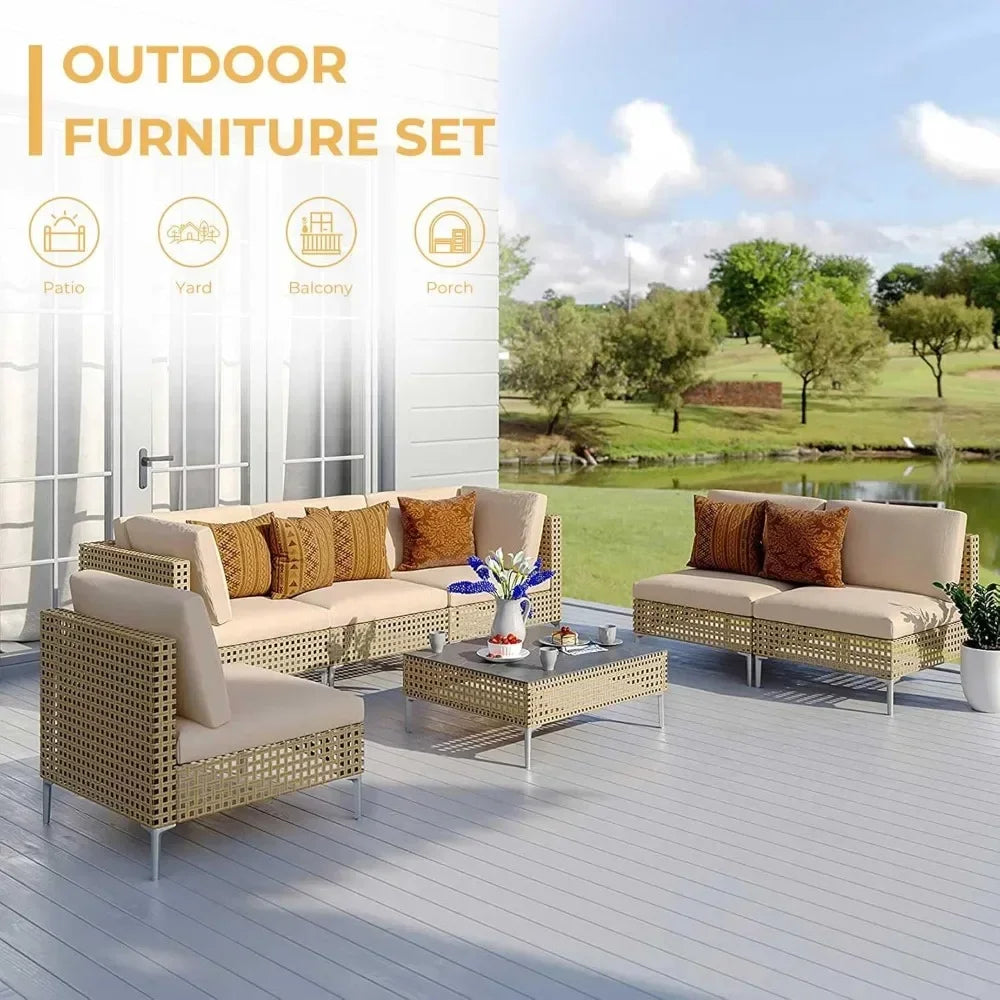 Patio Furniture Set, Boho Outdoor Conversation Set Sectional Sofa with Water Resistant Thick Cushions and Coffee Table