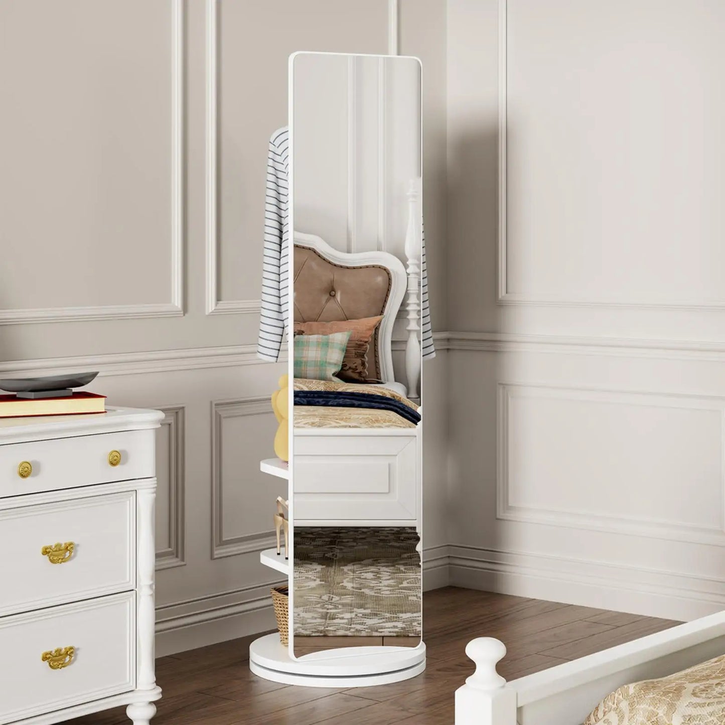 Multifunctional Rotating Full Body Mirror Storage Rack Solid Wood Standing Coat Rack Mirror for Bedroom Living Room Home Gym