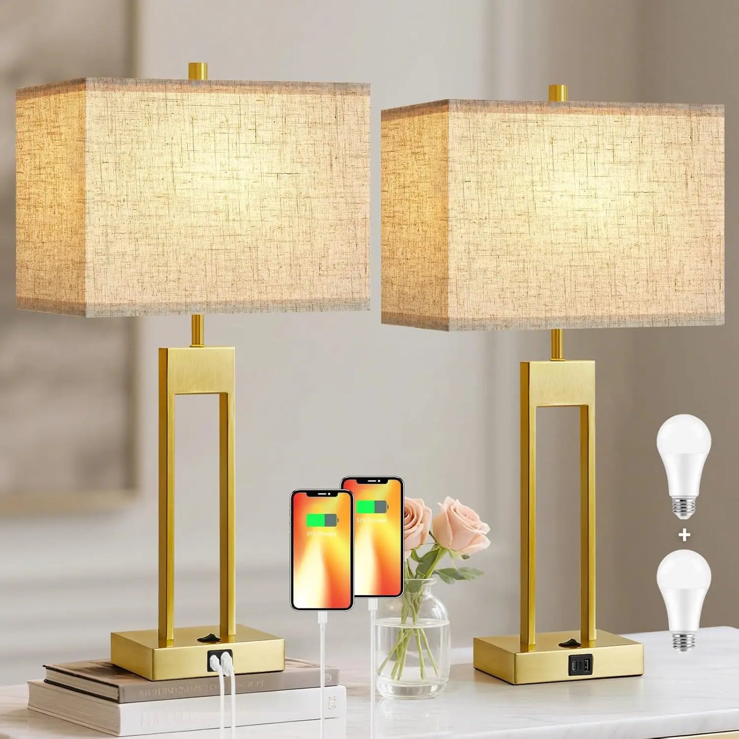 Extra Large 25.5" Nightstand Lamps Set of 2, USB C+A Charging, Color Changeable Modern Bedside Lamp for Bedroom Living Room
