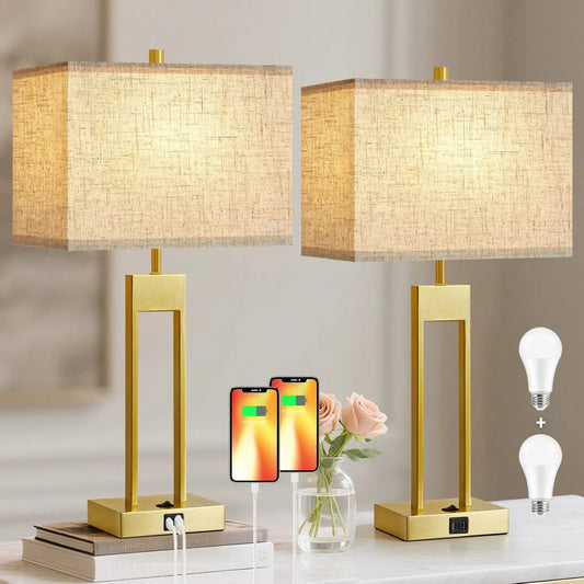Extra Large 25.5" Nightstand Lamps Set of 2, USB C+A Charging, Color Changeable Modern Bedside Lamp for Bedroom Living Room