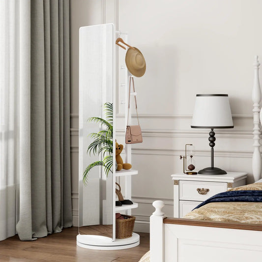 Multifunctional Rotating Full Body Mirror Storage Rack Solid Wood Standing Coat Rack Mirror for Bedroom Living Room Home Gym
