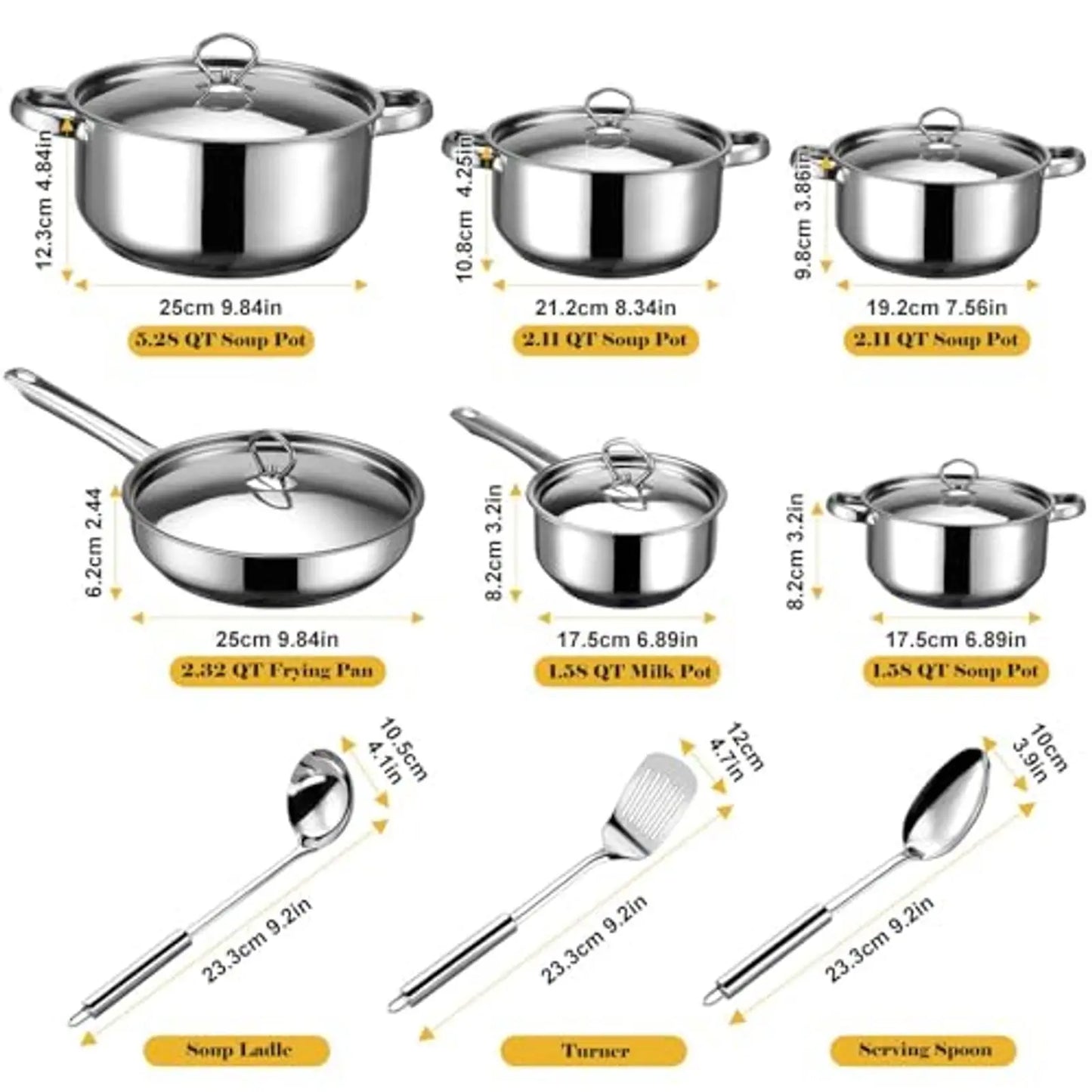 Stainless Steel Pots and Pans Set – 15 Pieces Cookware with 6 Pots/Pans, 6 Lids & 3 Utensils, Fixed Handles, Induction/Dishwashe
