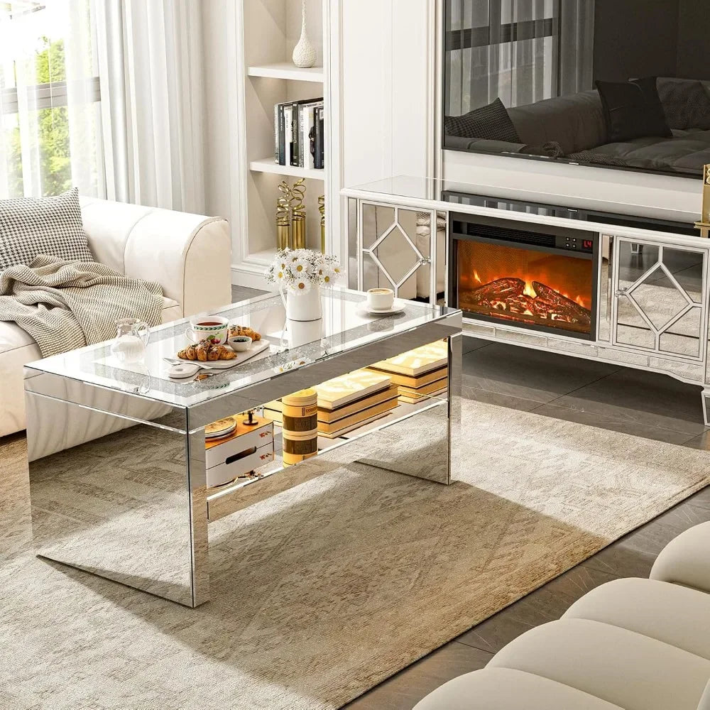 Mirrored Coffee Table with Mirror Crystal Board, Glass Rectangle End Table Coffee Tea Table with 2 Tier for Living Room Bedroom