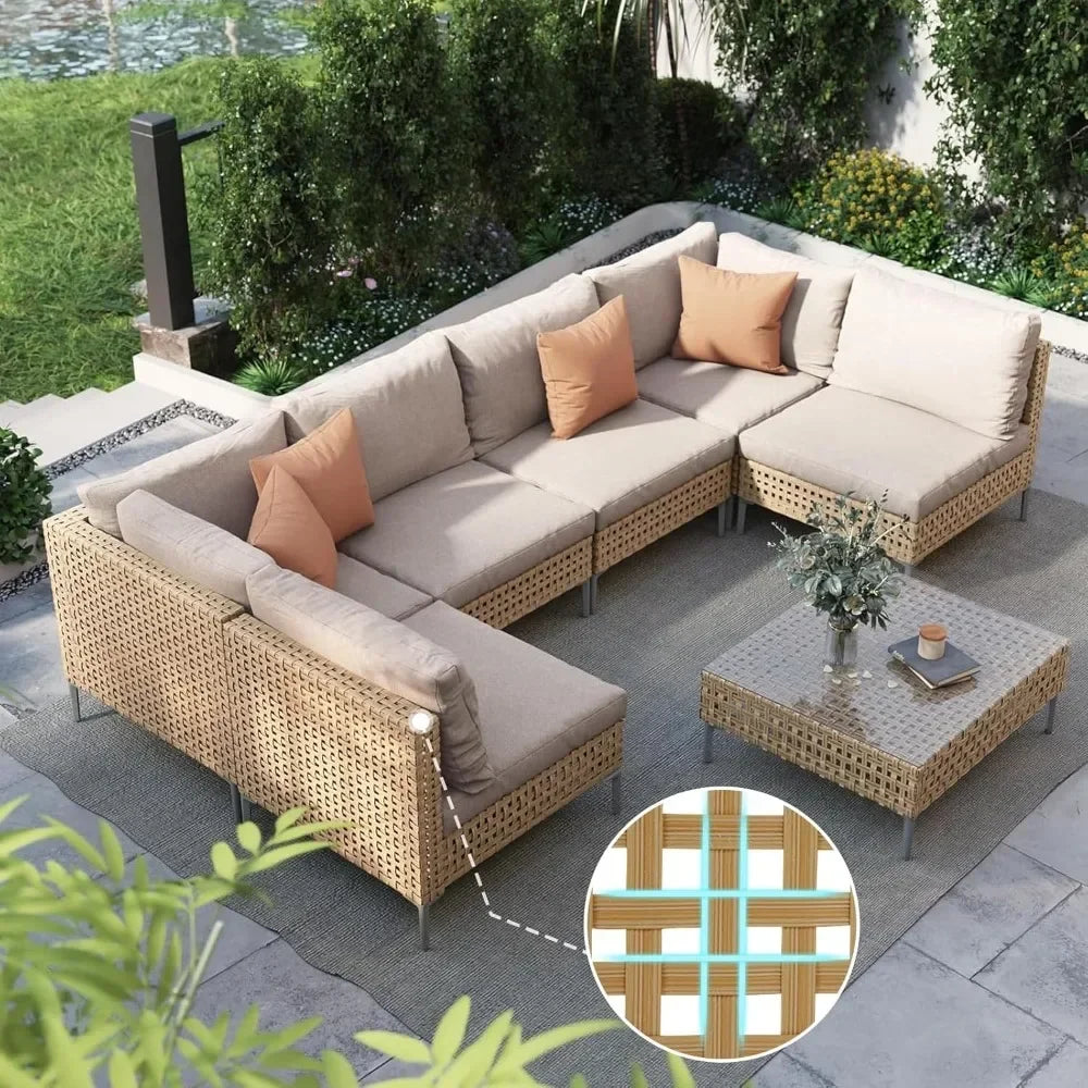 Patio Furniture Set, Boho Outdoor Conversation Set Sectional Sofa with Water Resistant Thick Cushions and Coffee Table