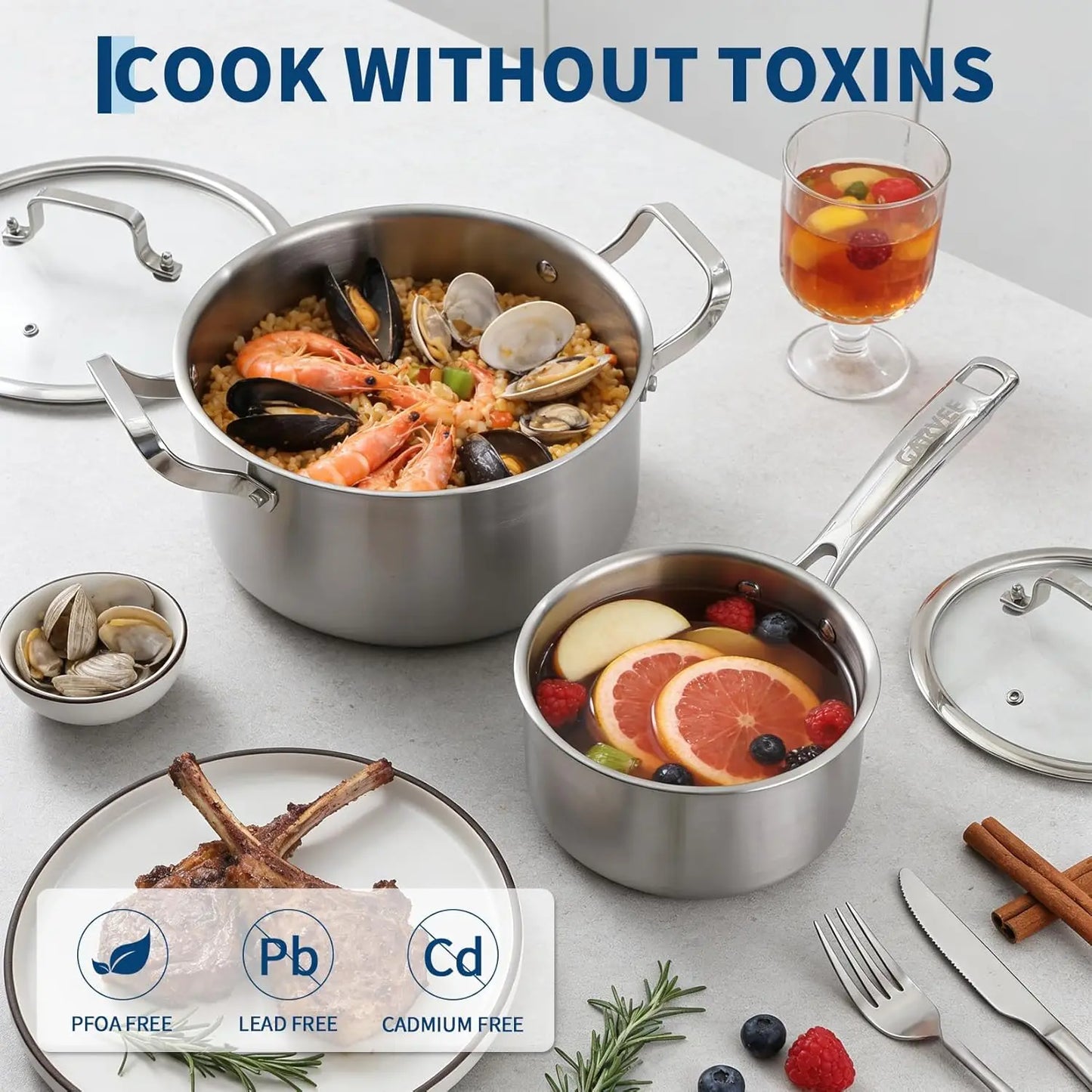 10-Pcs Tri-Ply Stainless Steel Cookware Set with Lid-Pots & Pans Set, Frying Pans,Saucepans,Saute Pan& Stock Pot for All Cooktop