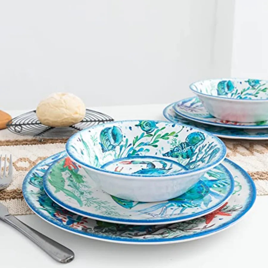 12-Piece Melamine Beach Dinnerware Set, Coastal Plates and Bowls Sets, ic Sea Dish Sets for 4, Great for Indoor Outdoor Dining