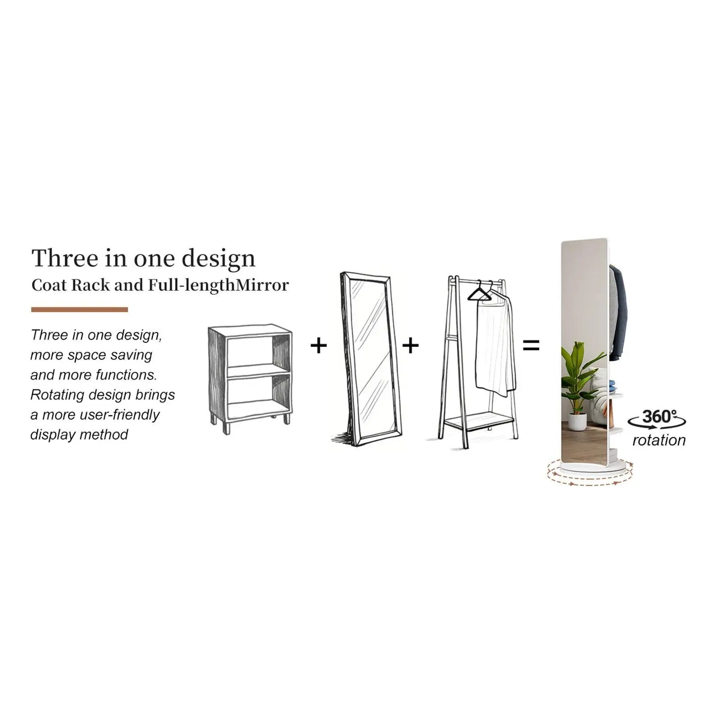 Multifunctional Rotating Full Body Mirror Storage Rack Solid Wood Standing Coat Rack Mirror for Bedroom Living Room Home Gym