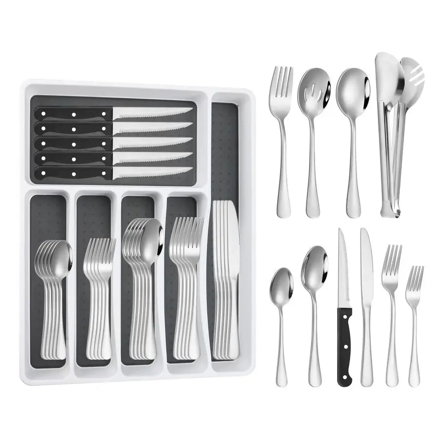 Silverware Set for 8 with Flatware Drawer Organizer, Stainless Steel Cutlery Set with Steak Knives, Include Spoons and Forks Set