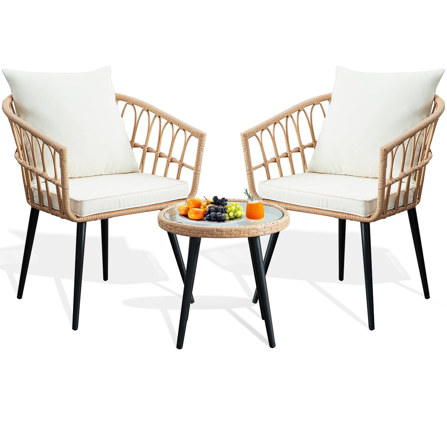 3 Piece Patio Porch Furniture Sets - Outdoor Wicker Chairs Bistro Set w/Cushions & Table for Balcony Lawn Pool Backyard