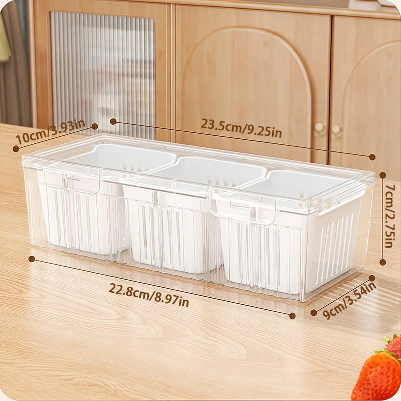 1 set of kitchen refrigerator accessories with a lid, food storage container, with 3 transparent square detachable compartment d