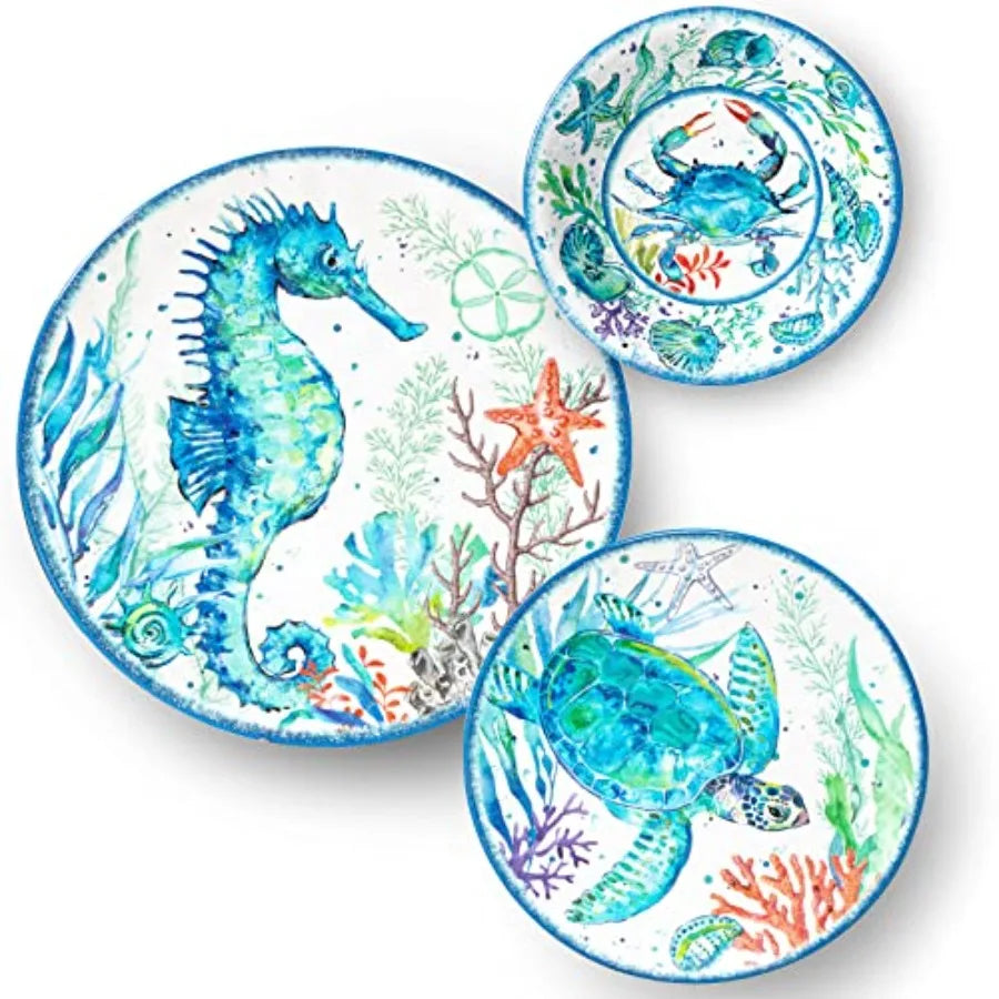 12-Piece Melamine Beach Dinnerware Set, Coastal Plates and Bowls Sets, ic Sea Dish Sets for 4, Great for Indoor Outdoor Dining
