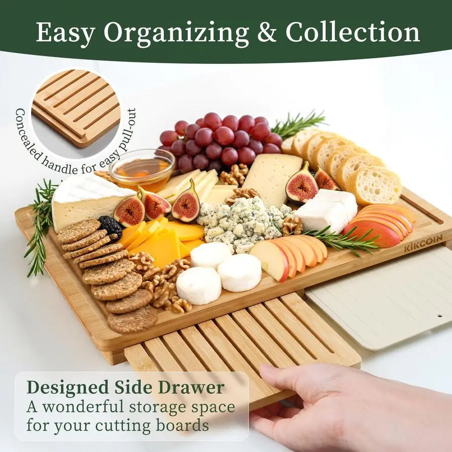Bamboo Cutting Board Set with Defrosting Tray, Wood Cutting Boards for Kitchen with Deep Juice Grooves amp Builtin Organizer Mea