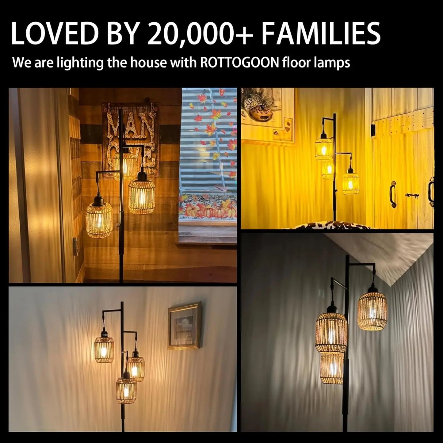 Dimmable Boho Floor Lamp - 3 Light Farmhouse Rattan Design for Living Room, Bedroom & Office, 68" Black