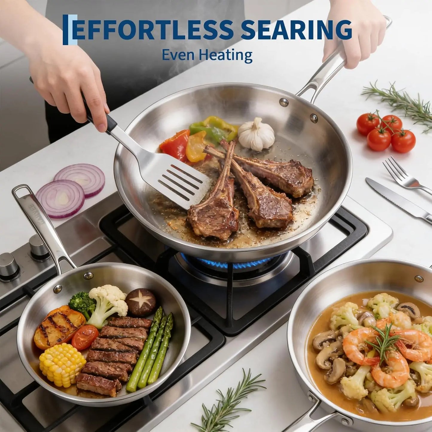 10-Pcs Tri-Ply Stainless Steel Cookware Set with Lid-Pots & Pans Set, Frying Pans,Saucepans,Saute Pan& Stock Pot for All Cooktop