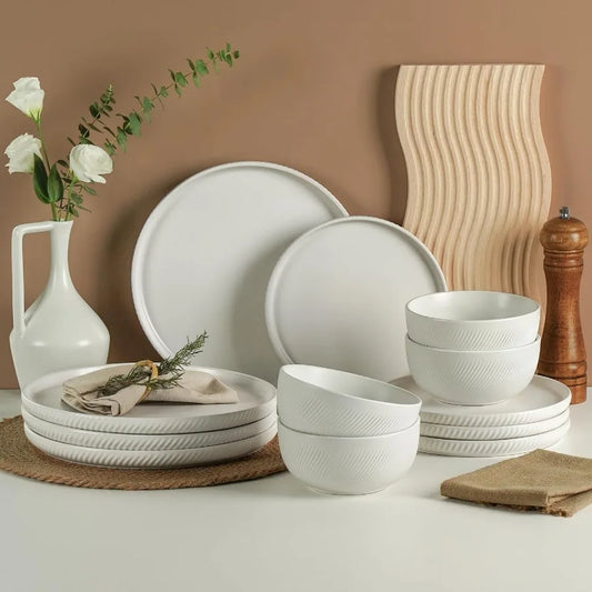 Dinnerware Sets for 4 12Piece Ceramic Plates and Bowls Set Dishwasher and Microwave Safe Stoneware Dishes Set Ribbed
