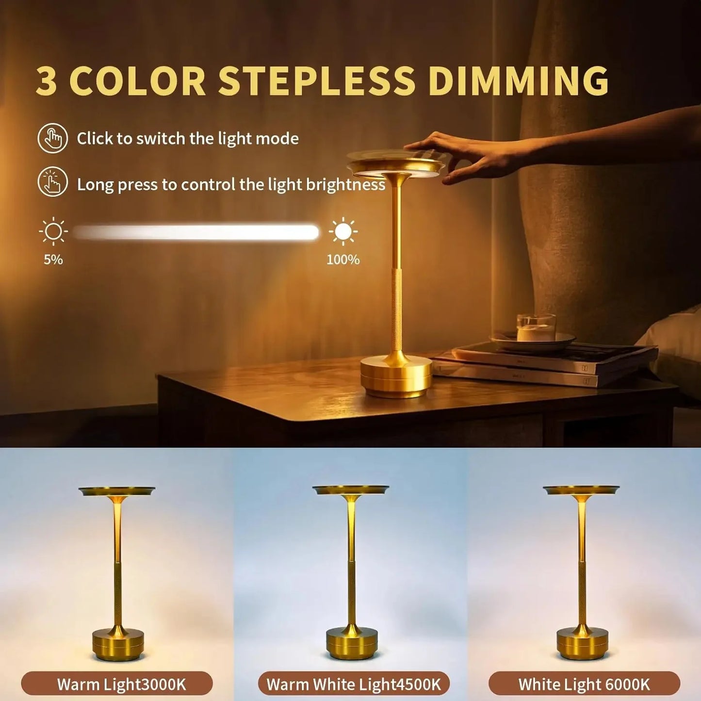 2PCS Rechargeable Wireless Table Lamp for Bedroom, Rechargeable, Touch Lamp, Camping Candle, Creative, USB-C, Desk Lamp