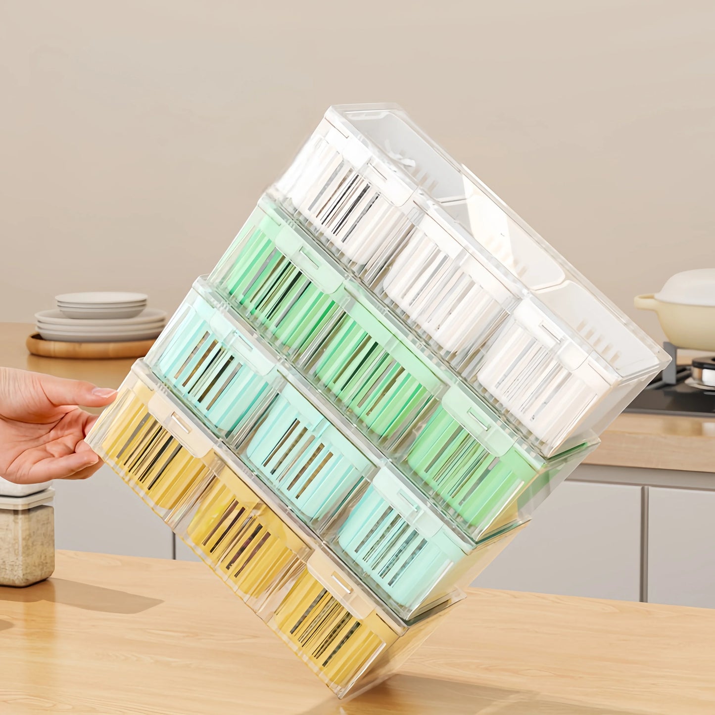 1 set of kitchen refrigerator accessories with a lid, food storage container, with 3 transparent square detachable compartment d