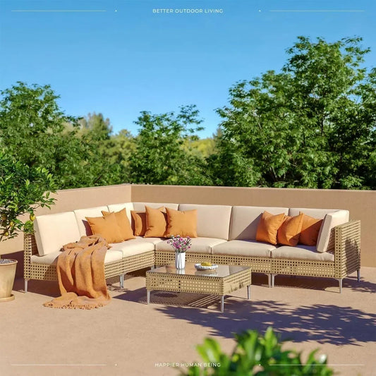 Patio Furniture Set, Boho Outdoor Conversation Set Sectional Sofa with Water Resistant Thick Cushions and Coffee Table
