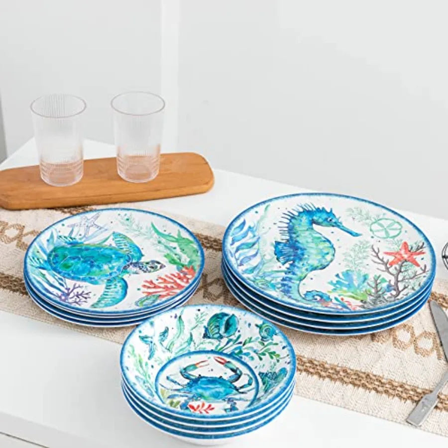 12-Piece Melamine Beach Dinnerware Set, Coastal Plates and Bowls Sets, ic Sea Dish Sets for 4, Great for Indoor Outdoor Dining