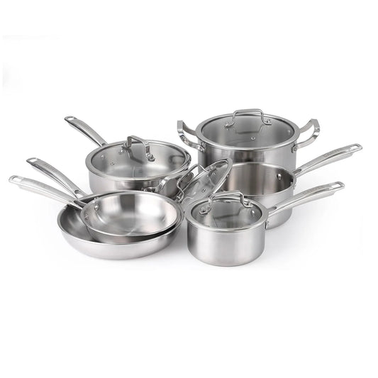 10-Pcs Tri-Ply Stainless Steel Cookware Set with Lid-Pots & Pans Set, Frying Pans,Saucepans,Saute Pan& Stock Pot for All Cooktop