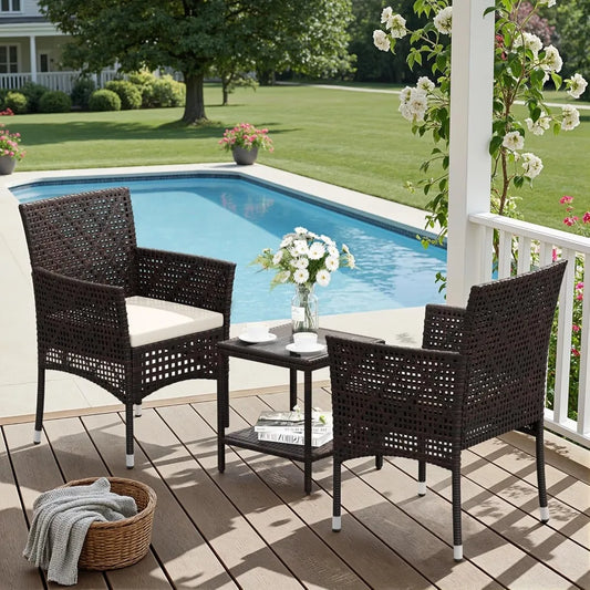 Patio Furniture Set 3 Pieces Outdoor Wicker Chairs Set of 2 with Coffee Table for Outside Porch Balcony (Brown)