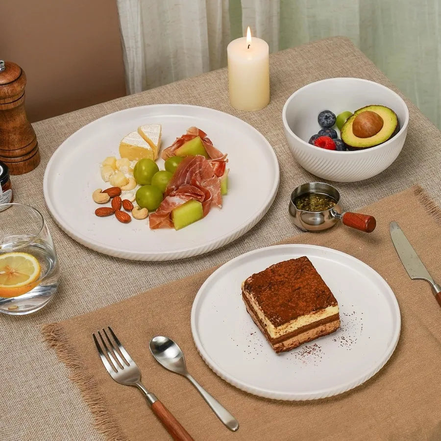 Dinnerware Sets for 4 12Piece Ceramic Plates and Bowls Set Dishwasher and Microwave Safe Stoneware Dishes Set Ribbed