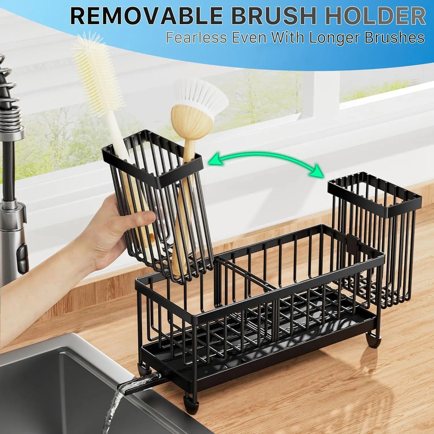 Stainless Steel Sink Caddy Organizer with Brush Holder, Rustproof Kitchen Countertop Storage Essentials (Black, 9.25")