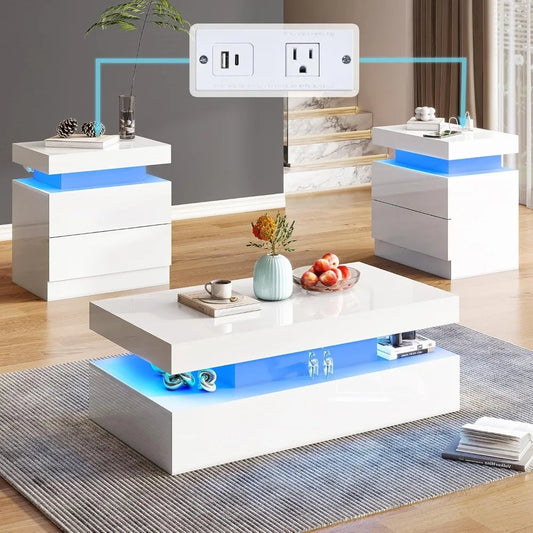 High Gloss 3 Pieces Living Room Table Set, Modern LED Coffee Tables Sets of 3, 2-Tier Center Table with 2 End Side Tables