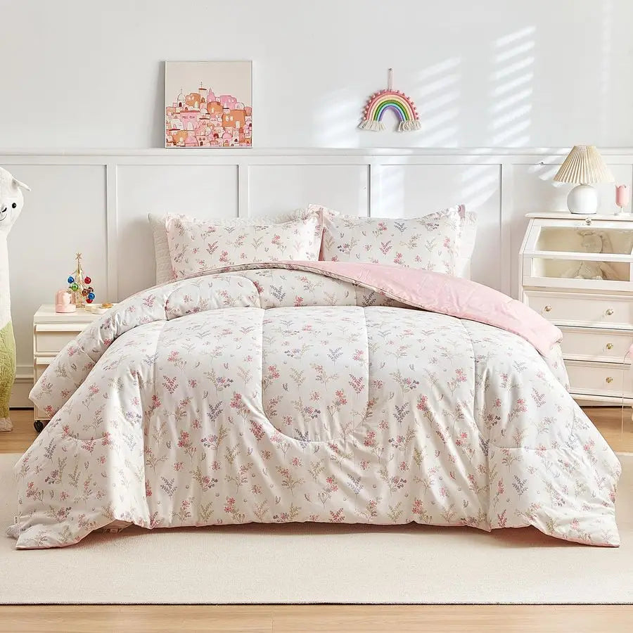 3pcs Cotton Comforter Set for Girls, Pink Floral Design, Twin Size Soft n Cozy Bedding Comforter Set for All Season 68x88 inches