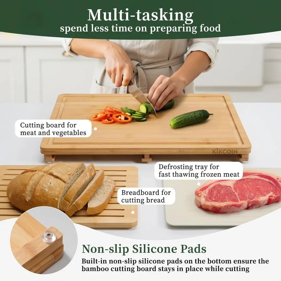 Bamboo Cutting Board Set with Defrosting Tray, Wood Cutting Boards for Kitchen with Deep Juice Grooves amp Builtin Organizer Mea