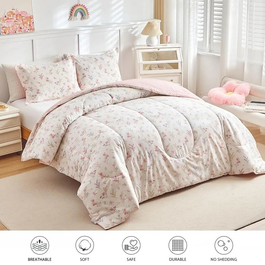 3pcs Cotton Comforter Set for Girls, Pink Floral Design, Twin Size Soft n Cozy Bedding Comforter Set for All Season 68x88 inches
