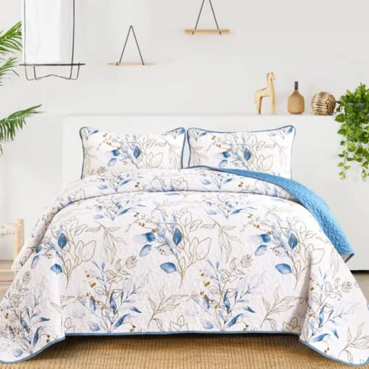 Blue Quilt Set Queen3 Pieces Reversible Elegant Blue Botanical Leaves Pattern Bedspread Coverlet Soft Microfiber Bed Cover for
