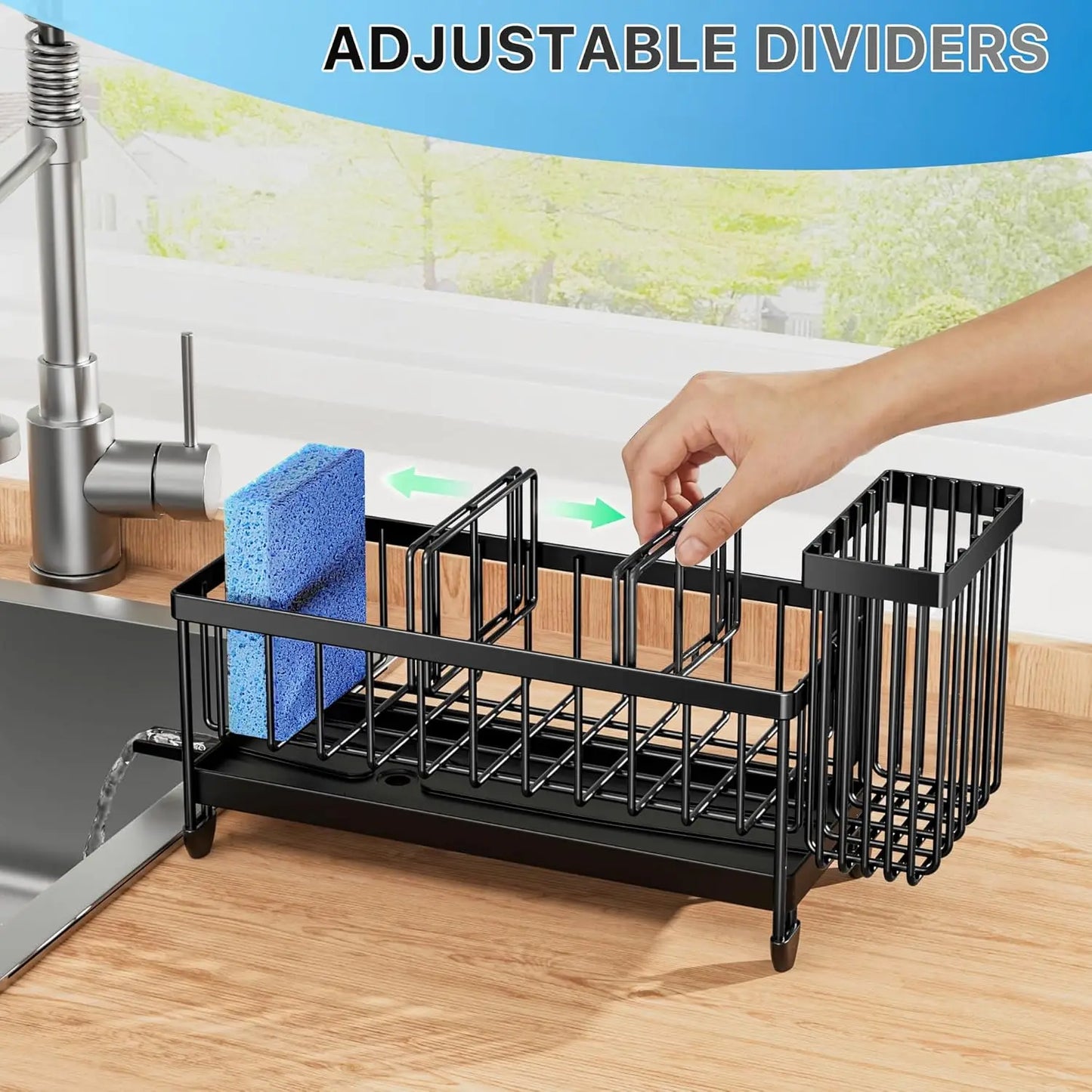 Stainless Steel Sink Caddy Organizer with Brush Holder, Rustproof Kitchen Countertop Storage Essentials (Black, 9.25")